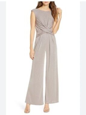 Eliza J Twist Front Boat Neck Jumpsuit Taupe Glittery 4